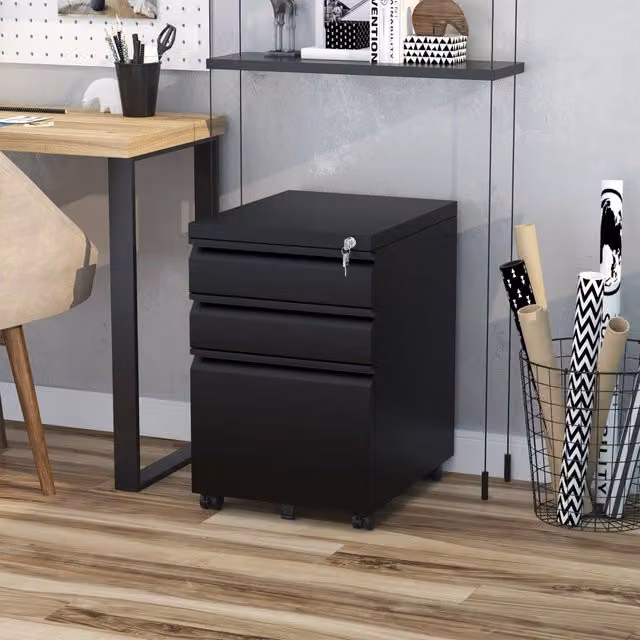 Cassettiera da ufficio REDOM in metallo nero opaco con 3 cassetti, serratura e ruote, L/P/H: 39 x 48 x 60 cm – 1
