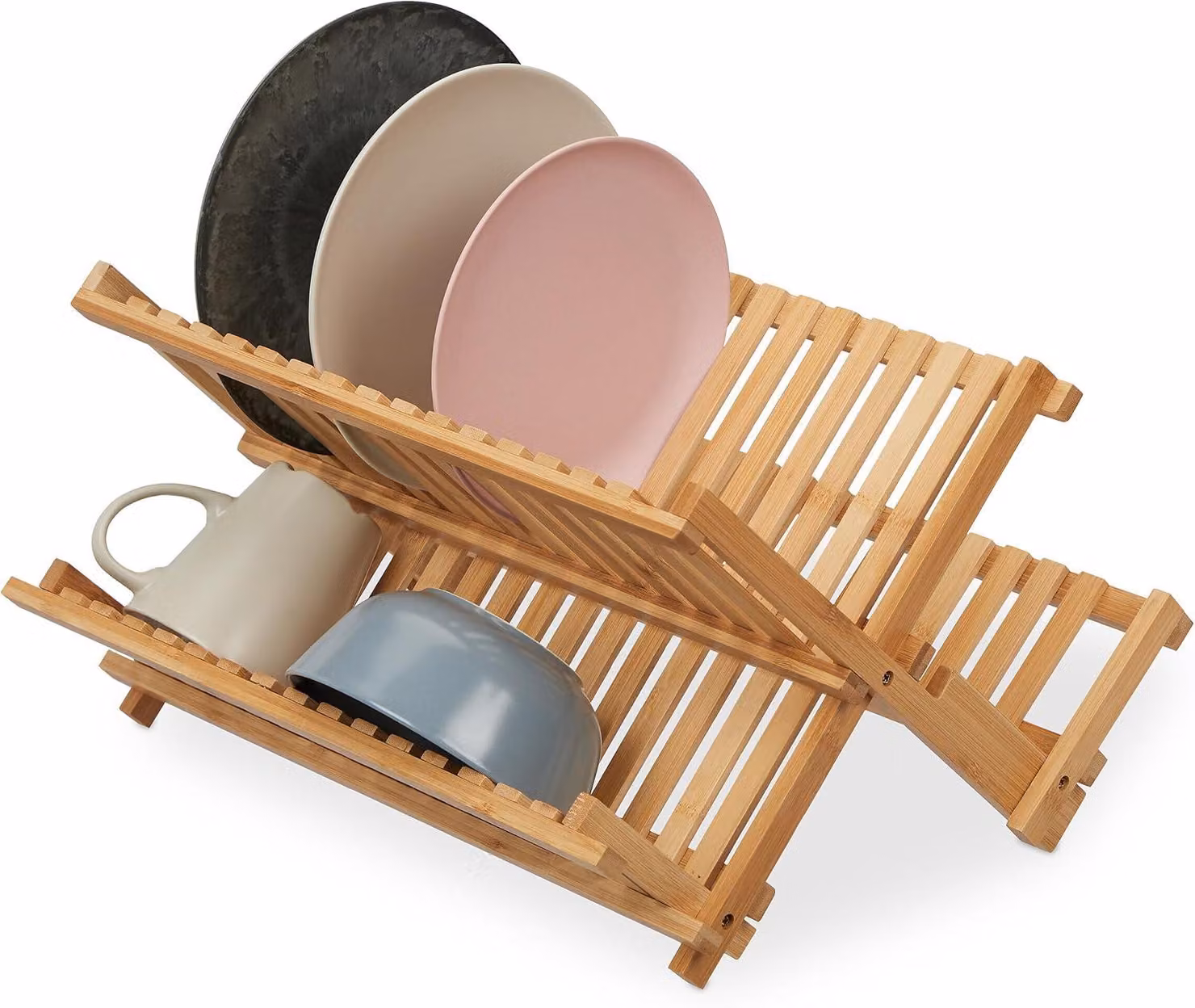 Sgabello pieghevole con sistema di asciugatura - 2 ripiani - Ideale per piatti, tazze, bicchieri e ciotole - Realizzato in bambù - Portaoggetti per stoviglie da cucina - Design naturale