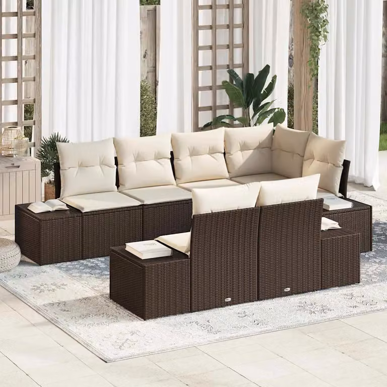 Set Divano da Giardino vidaXL 7 pz in Polyrattan Marrone e Beige con Cuscini e Copertura Antivento