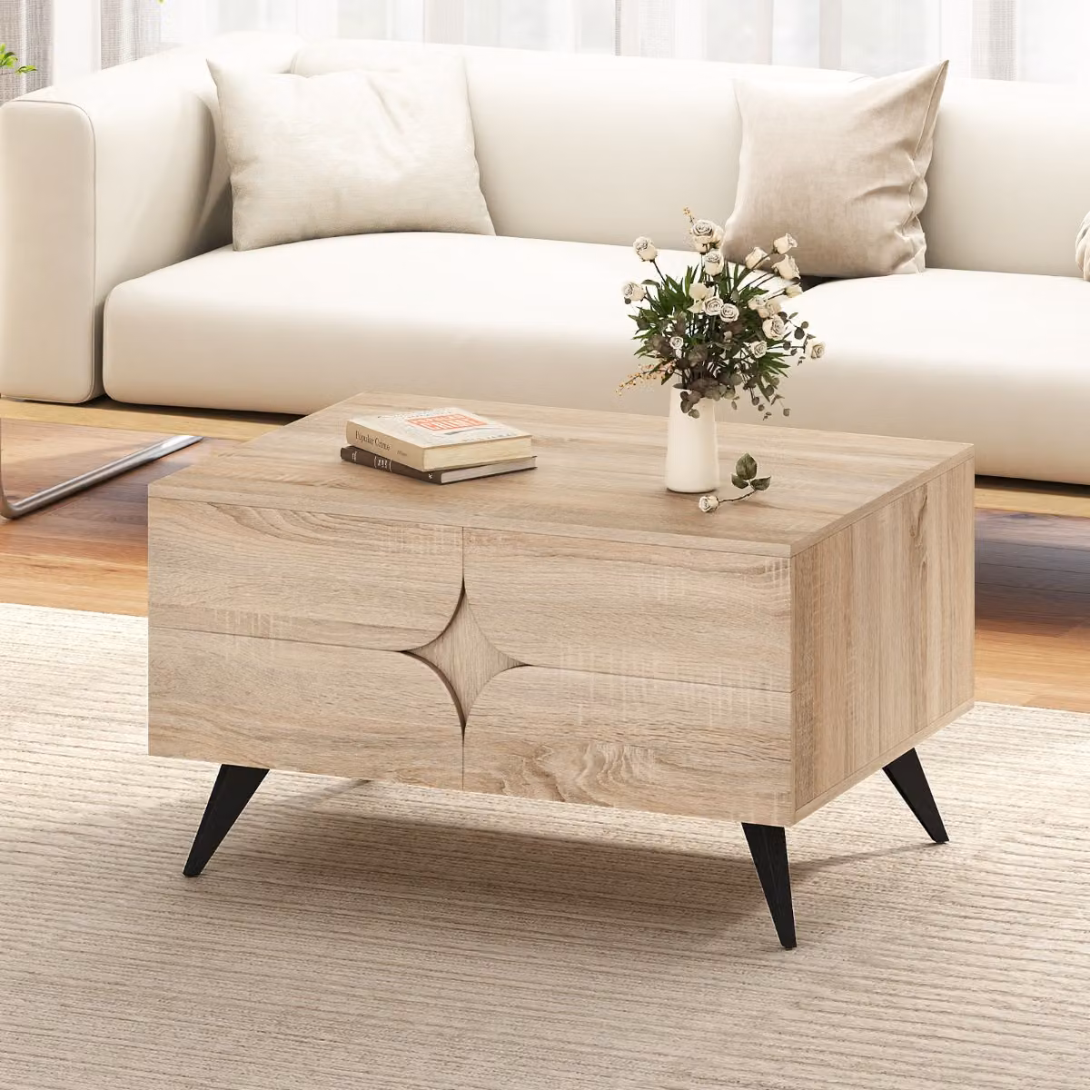 Tavolino da caffè moderno Costway in legno marrone e beige con 3 cassetti e scomparti aperti per soggiorno e camera da letto