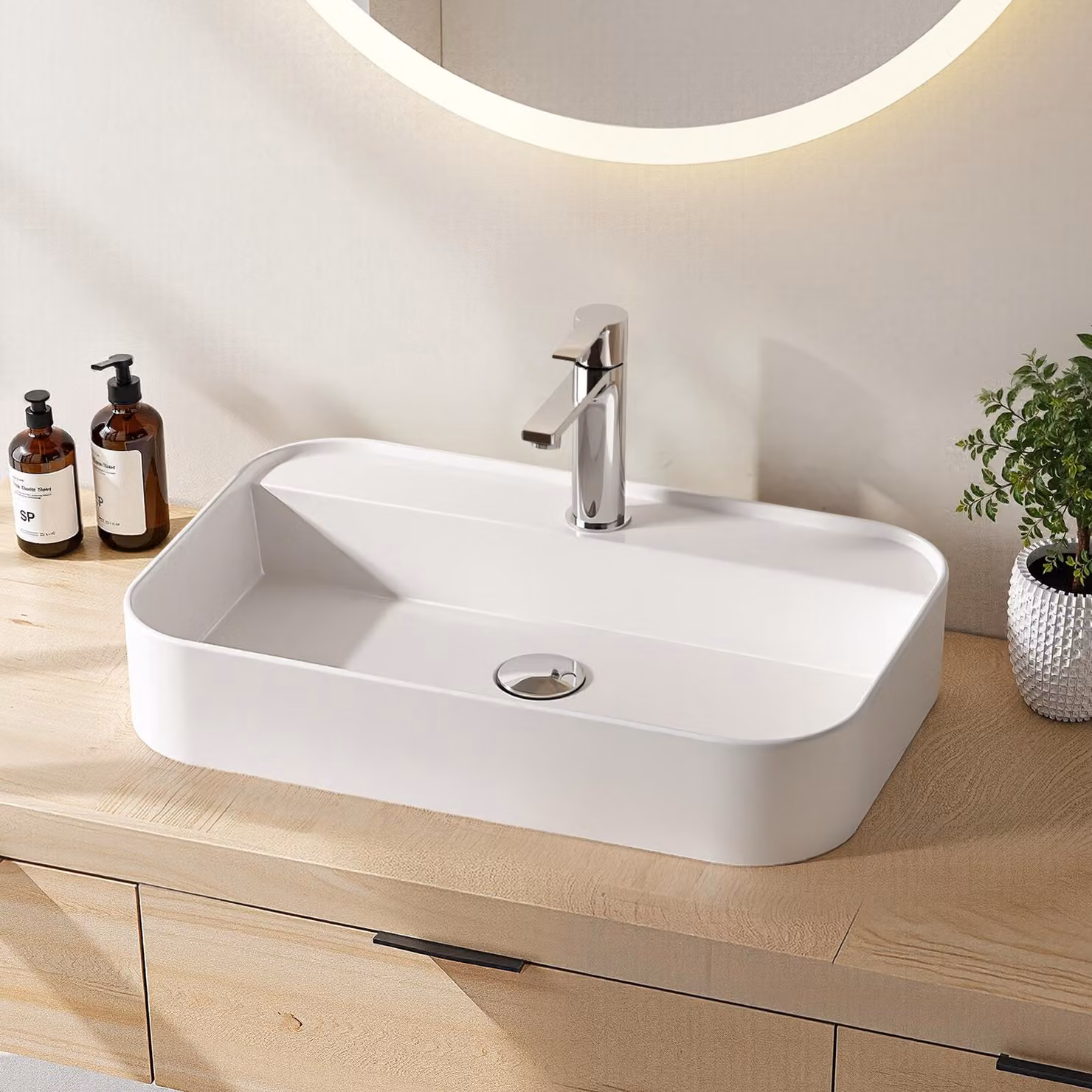 Lavabo in Vetroceramica EMKE, lavabo sospeso, lavabo da appoggio, bianco lucido, 50x40x11 cm