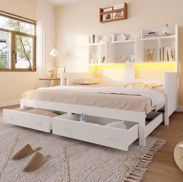 Divano letto estraibile in legno 90x190/180x190 cm con 2 cassetti; LED e presa; bianco