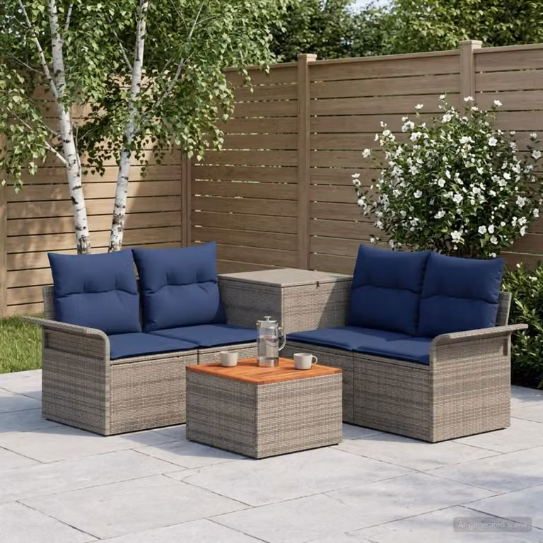 Set di divani da giardino vidaXL in polyrattan con tavolo da caffè, 6 pezzi, forma a L, grigio e blu navy