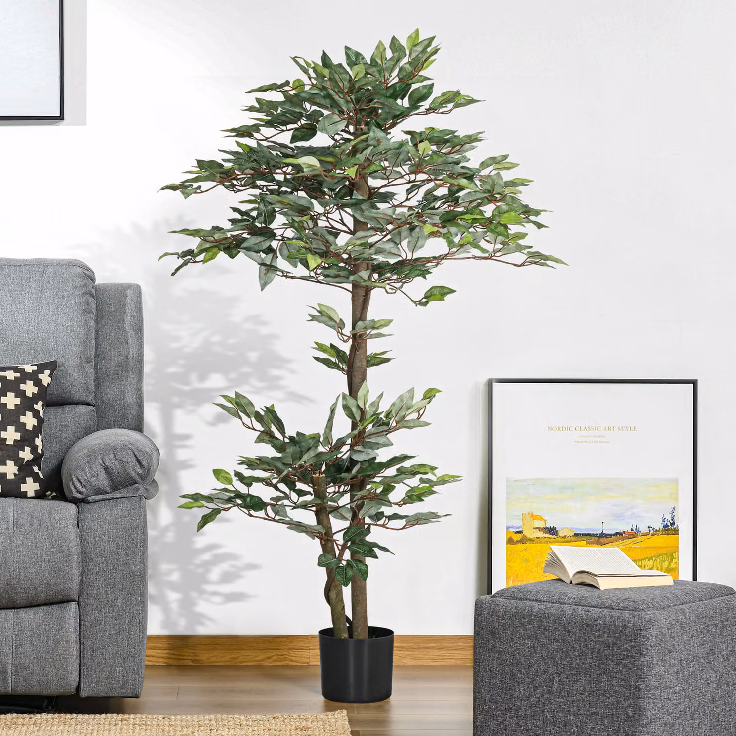 Albero artificiale Ficus Outsunny verde con vaso incluso, Altezza: 150 cm – 2
