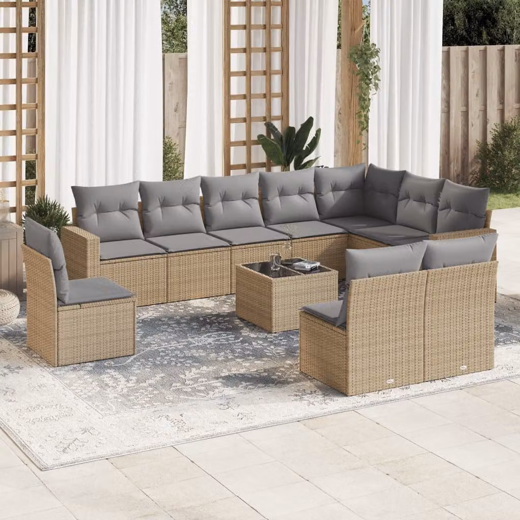 vidaXL Set Divani da Giardino 11 pz in Polyrattan con Cuscini Beige e Tavolino da Esterno