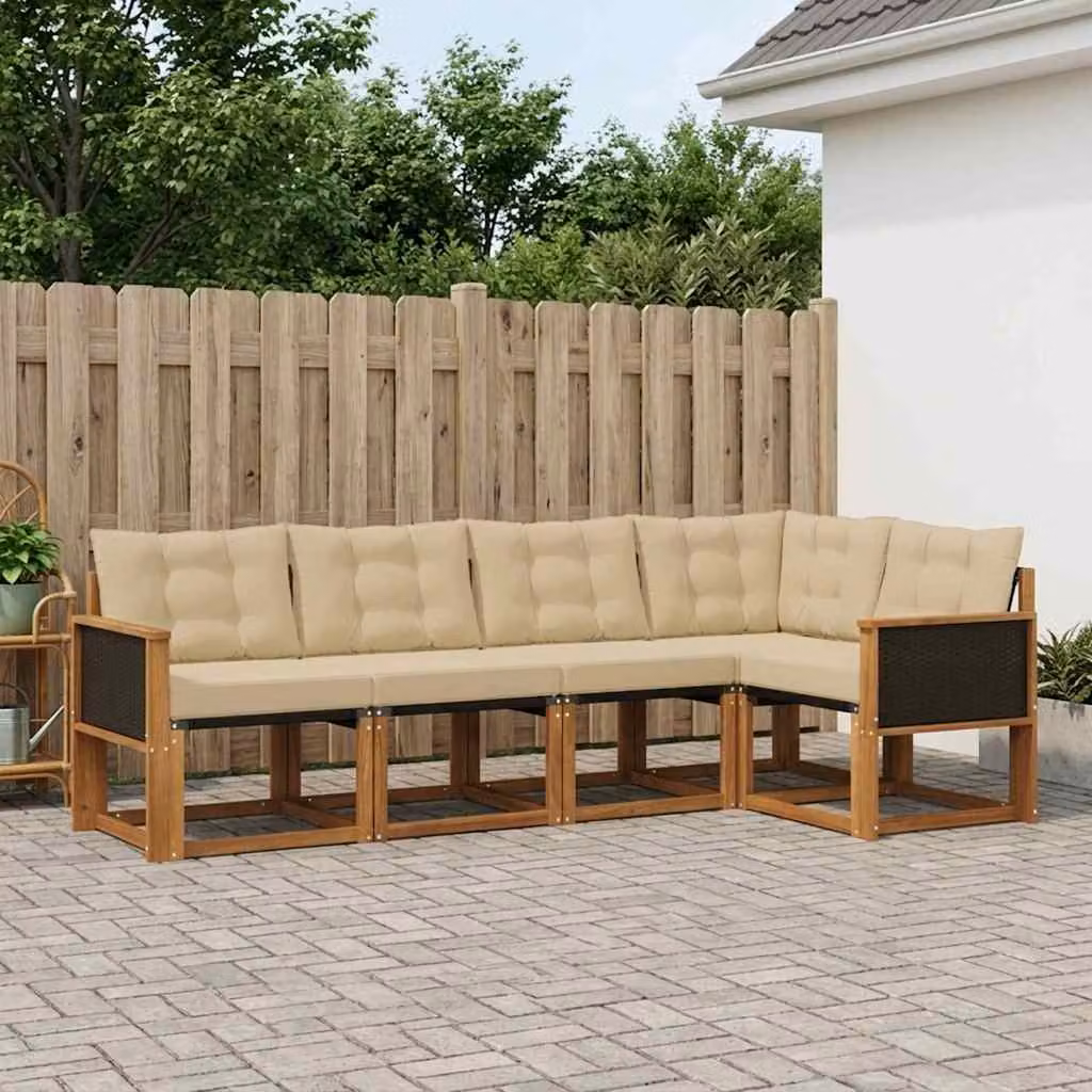 Set di divani da esterno vidaXL a forma di L in legno di acacia con cuscini beige e marrone