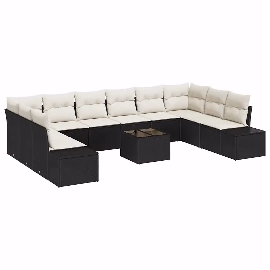 Set Divano da Giardino vidaXL 11 Pezzi a Forma di U con Cuscini Nero e Beige in Polyrattan e Metallo – 2
