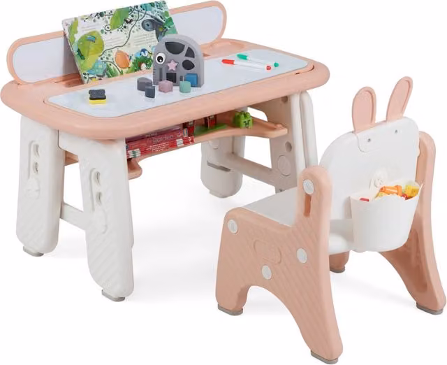 Set Tavolo e Sedia per Bambini Design Mania con Mensola Ribaltabile a Lavagna Magnetica e Altezza Regolabile, Rosa