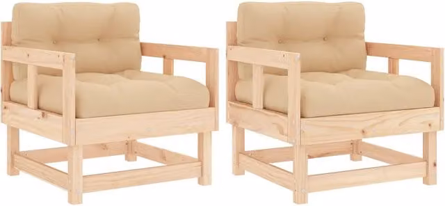 Set di 2 sedie da giardino in legno di pino con cuscini beige e braccioli per esterno
