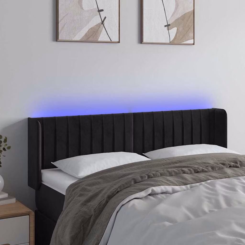 Testiera per letto vidaXL in velluto nero con illuminazione LED e porta di ricarica USB, L: 147 cm, P: 16 cm, H: 78-88 cm