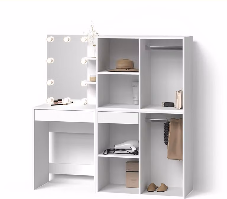 Tavolo da toeletta Livinity Nola Bianco 140 cm con specchio e 2 mobili aggiuntivi, Model 52351