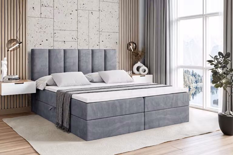 Letto boxspring ALTDECOR con materasso H4 e topper - 180 x 200 cm - BOXI1 - Grigio velluto - Letto imbottito con contenitore e rete a doghe, letto con spazio contenitivo