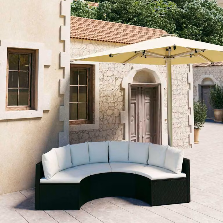 Set di Divani da Giardino vidaXL a Forma di U con Cuscini, Struttura in Metallo e Polyrattan, Nero e Bianco