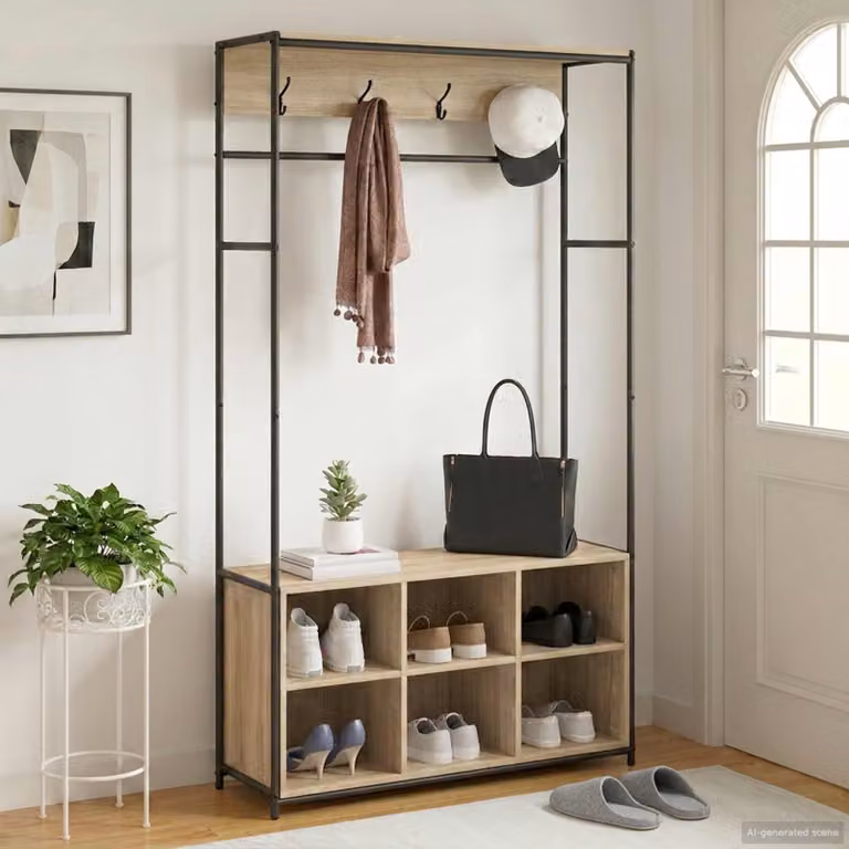 vidaXL Appendiabiti con panca per scarpe in stile industriale, colore marrone, L: 130,0 cm, H: 180,5 cm, P: 32,0 cm