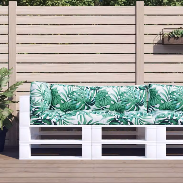 Set di 3 cuscini per pallet vidaXL con motivo a foglie, colore verde multicolore, in poliestere resistente all'acqua e ai raggi UV