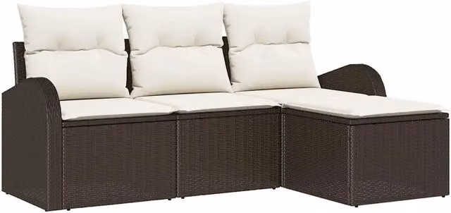 Set di divani con cuscino 4 pz | Set Salotto da Giardino Marrone e bianco polyrattan