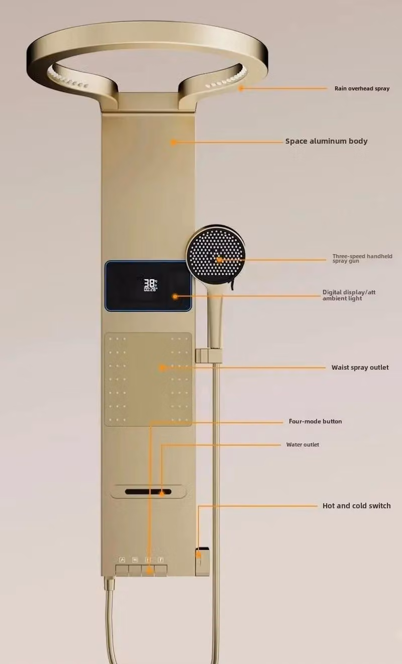 Pannello doccia W8 - Montaggio a parete - Alluminio - Finitura spazzolata - Design a colonna - Illuminazione LED - Doccia a pioggia e a cascata