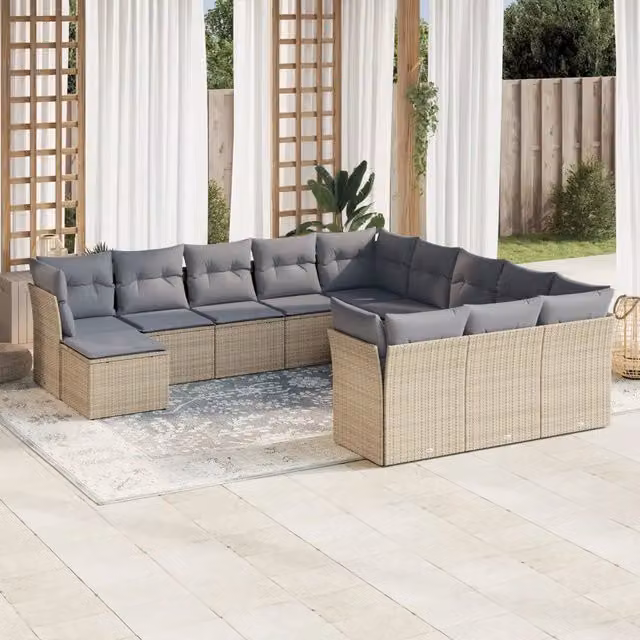 Set di divani da giardino VIDAXL in polyrattan con cuscini beige e grigi, composizione da 12 pezzi per adulti