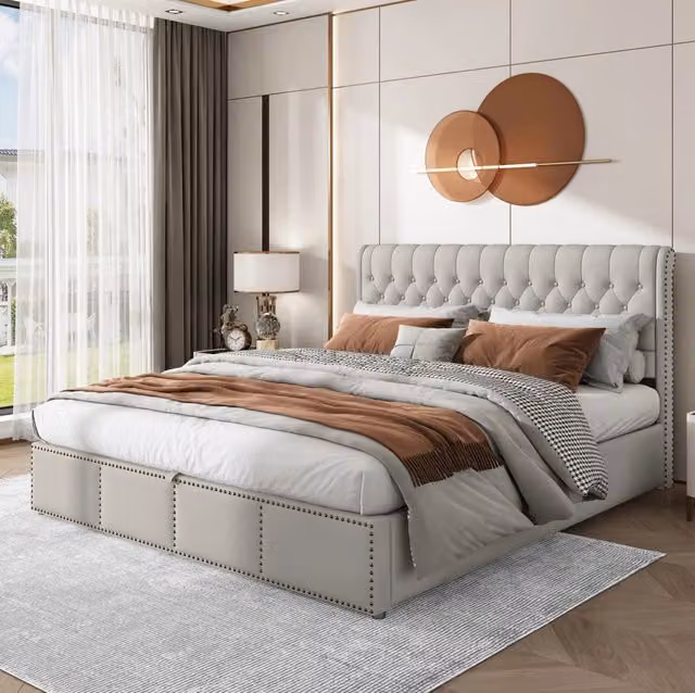 Letto imbottito 180x200 cm; contenitore e borchie; lino grigio (Senza materasso)