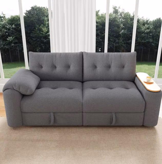 Divano modulare 2 posti ULEVR 207,5x80x87 cm con contenitore, poggiatesta e tavolino girevole, grigio