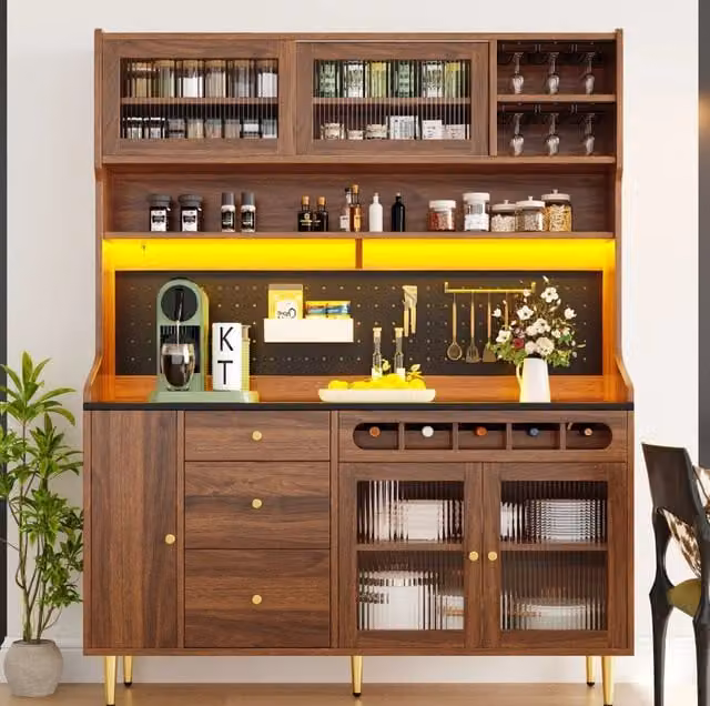 Mobiletto Alto da Cucina con Ripiani Regolabili, Illuminazione LED Controllata via App, Cassetto con Porta Bottiglie, 145×39×171 cm, Colore Noce