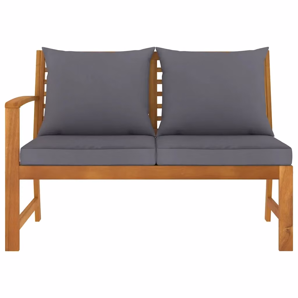 Panca da esterno e da corridoio Design Mania in legno di acacia massello con cuscino grigio, L: 114,5 cm, H: 48 cm, P: 34 cm – 2