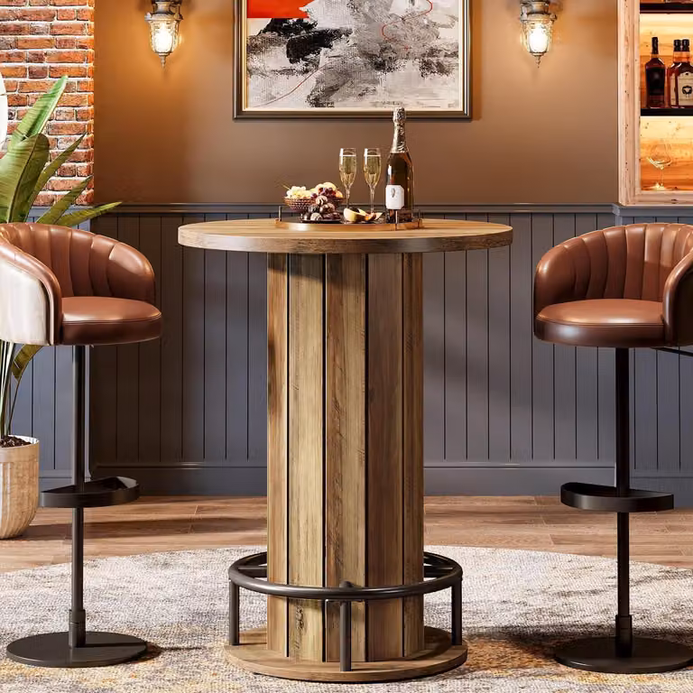 Tavolo rotondo in legno, stile bistro, ideale per bar o ristoranti, con poggiapiedi, colore marrone, dimensioni 80x101 cm