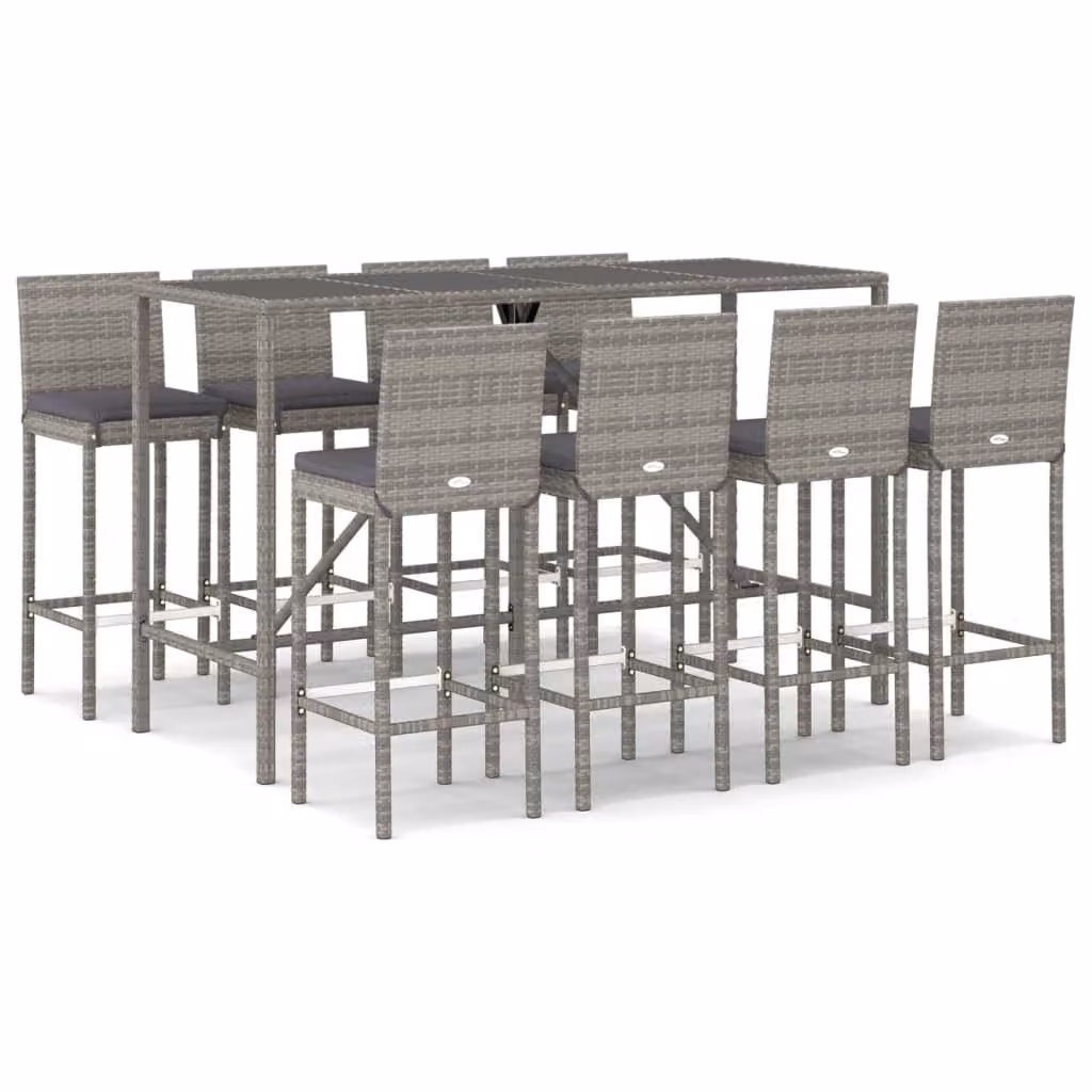 Set Bar da Giardino 9 pz con Cuscini in Polyrattan Grigio