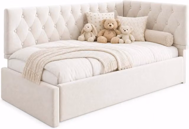 Letto a giorno 90x200 cm grigio con letto estraibile， luci LED RGB， porte USB e Type-C， struttura in tessuto e MDF， senza materasso