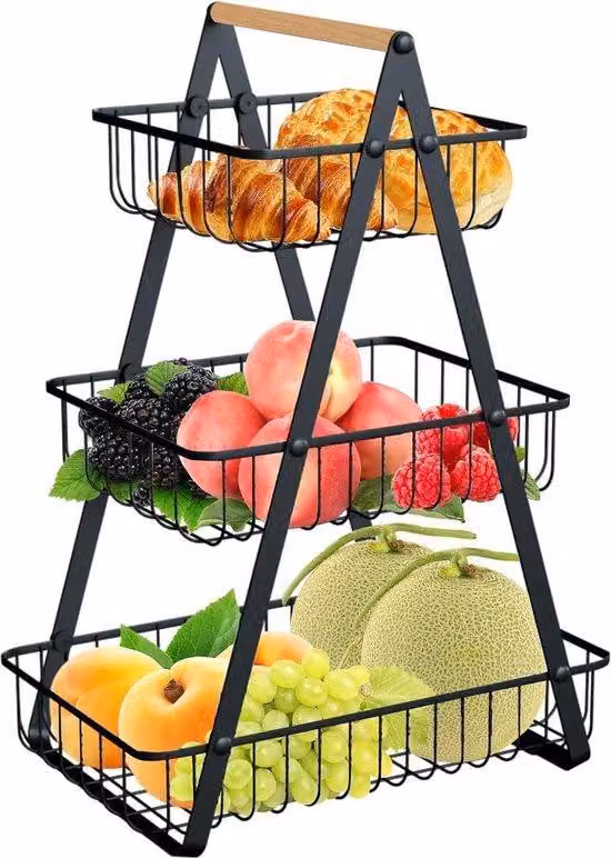 Scaffale da cucina - 3 ripiani - Cestino per frutta e pane - Ciotole per frutta - Contenitore per verdure fresche - Scaffale per la dispensa - Composizioni di frutta e verdura - Sistema modulare in acciaio inossidabile