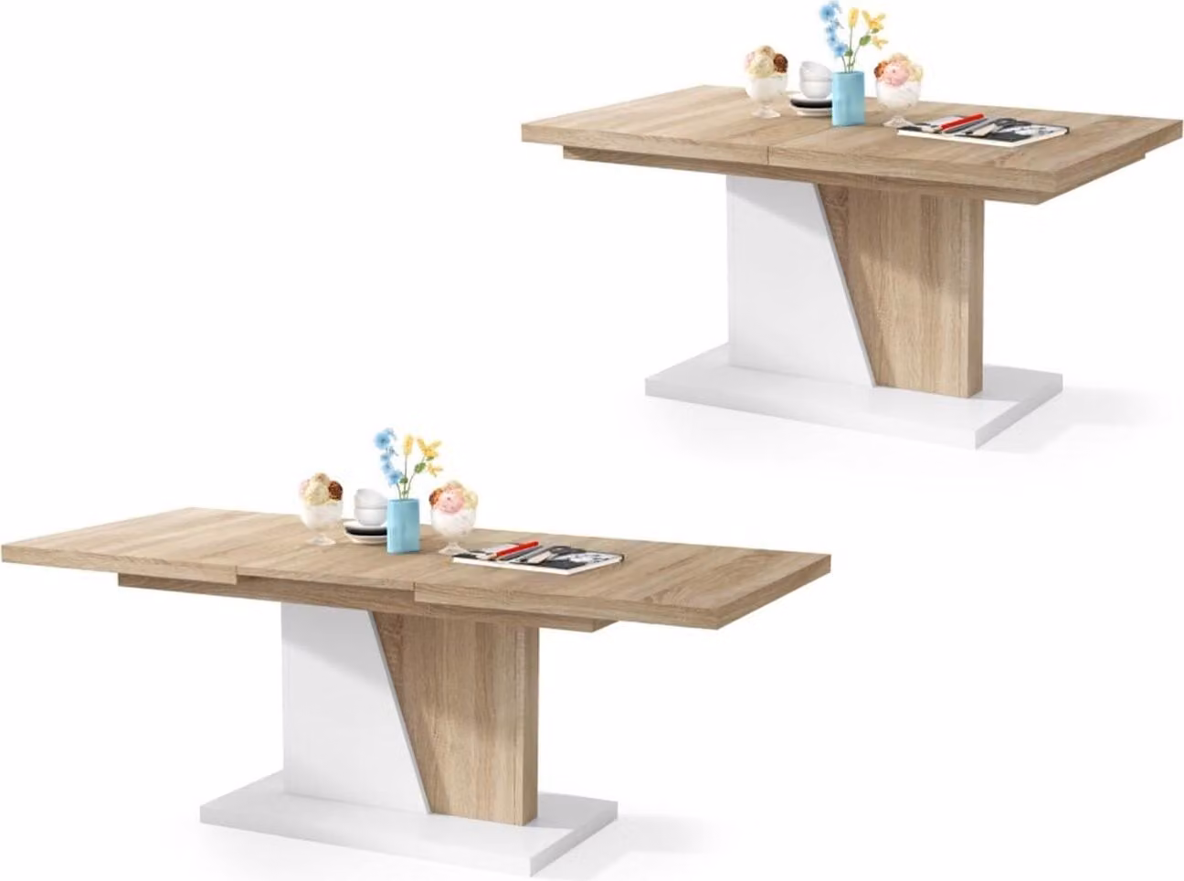 Tavolino Noel di All4All, tavolino da caffè, tavolino per il soggiorno, tavolino da divano con ripiani, tavolo da pranzo con piano allungabile, dimensioni 120x70 cm, finitura rovere Sonoma e bianco