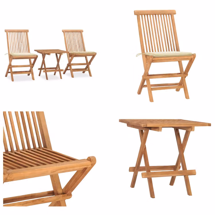vidaXL Set da pranzo da giardino 3 pezzi con cuscini pieghevoli in teak massiccio - Set di mobili da giardino - Set di mobili da giardino - Tavolo e sedie da giardino - Tavoli e sedie da giardino