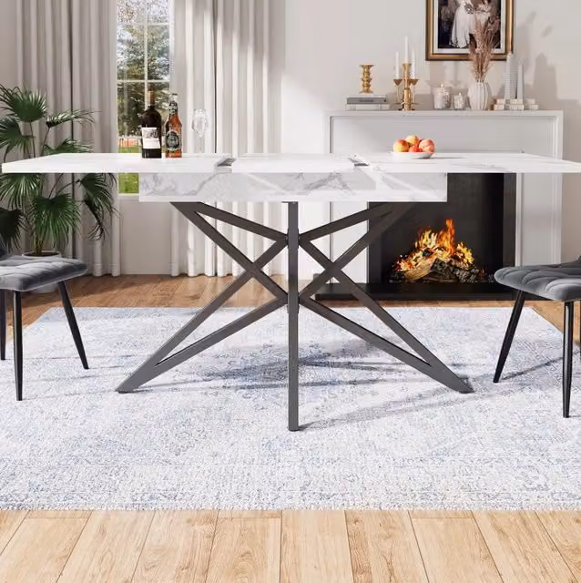 Tavolo da pranzo allungabile ULEVR 120-160x80 cm con piano effetto marmo, gambe a stella in metallo nero