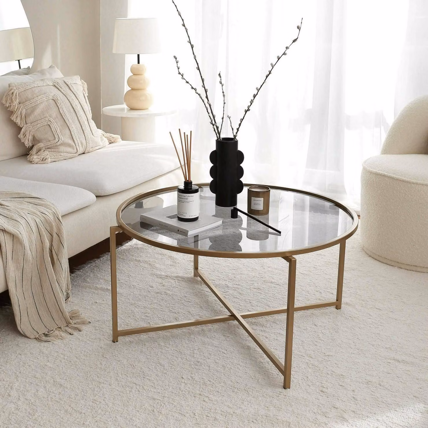 Ecaterina - Tavolino da Salotto, 83x83x40h cm oro, Effetto Fume