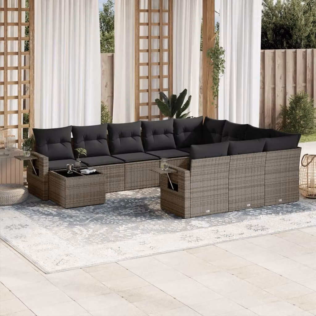 vidaXL Set Divani da Giardino 11 pz in Polyrattan Grigio con Cuscini e Tavolino – 1