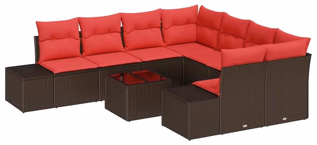 Set da giardino composto da 9 pezzi, in rattan sintetico beige e rosso