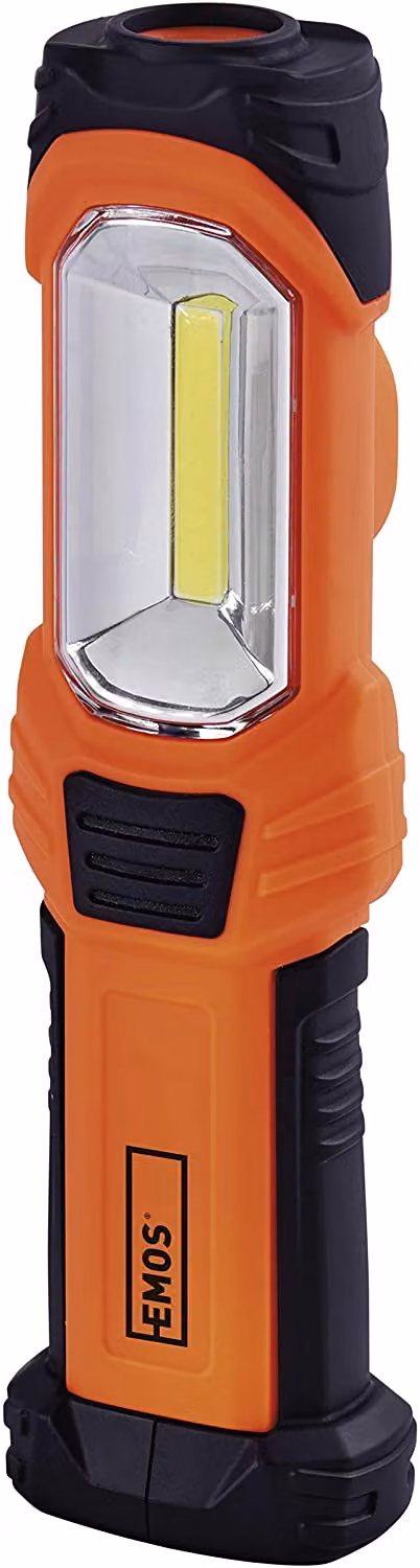 EMOS P4111 COB LED, lampada da officina impermeabile con 3 modalità di illuminazione, base articolata, gancio e magnete 3X, 350 lm, 120 m di raggio d'azione, 90-150 ore di durata della luce, a batteria