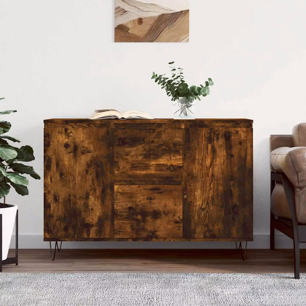 Credenza in stile industriale vidaXL in legno multistrato e metallo, colore Rovere Fumo, L: 101,5 cm, P: 35 cm, H: 70 cm