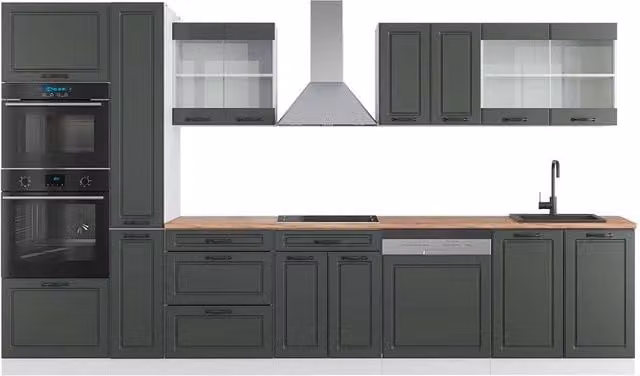 Mobile da cucina Vicco R-Line stile rustico colore Antracite e Bianco con armadio alto e finitura Rovere L: 350 cm, P: 60 cm, H: 206,8 cm