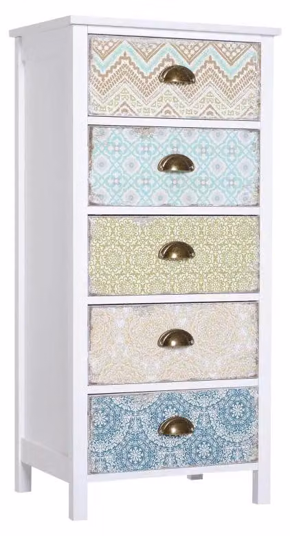 Comodino in stile shabby chic con 5 cassetti | Colore: Multicolore | Dimensioni: 34x46x97,5 cm