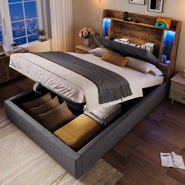 Letto imbottito grigio 90x200 cm con LED, USB/Type-C e vano contenitore