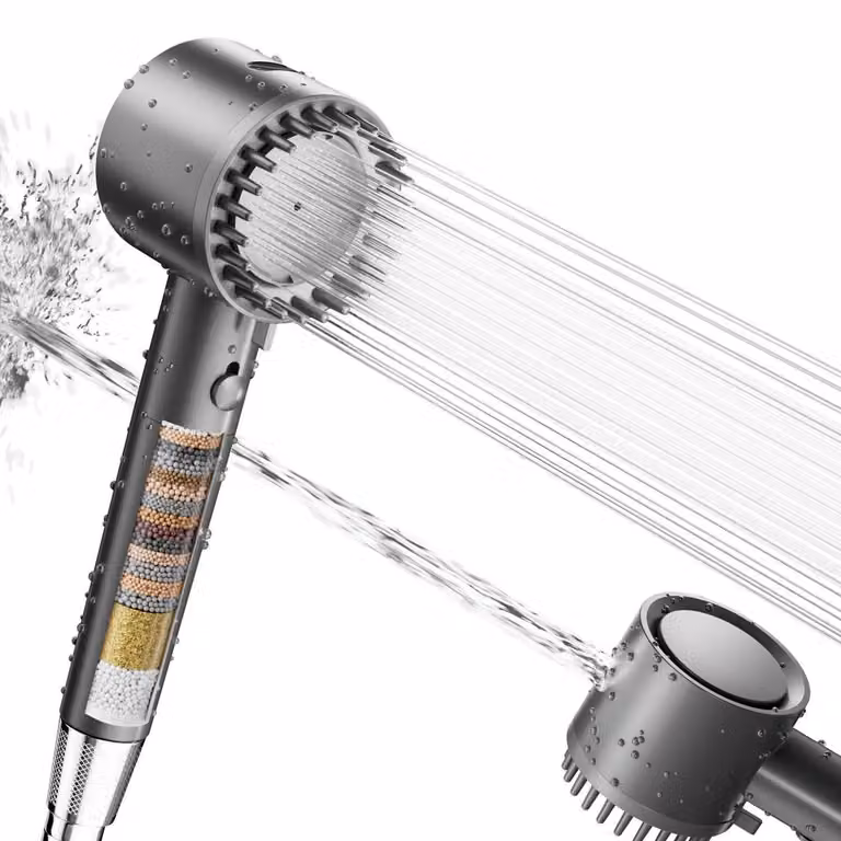 Pistola a mano con filtro a 20 livelli, 5 tipi di getto, tubo da 1,5 metri, a risparmio idrico, colore grigio