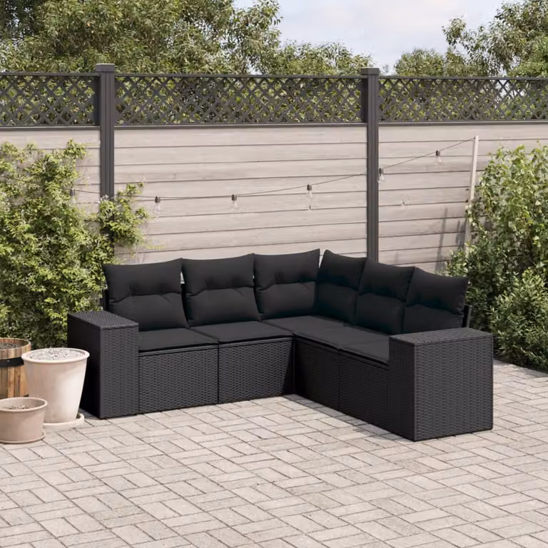 Set di Divani da Giardino a L vidaXL in Polyrattan Nero con Cuscini e Struttura in Acciaio