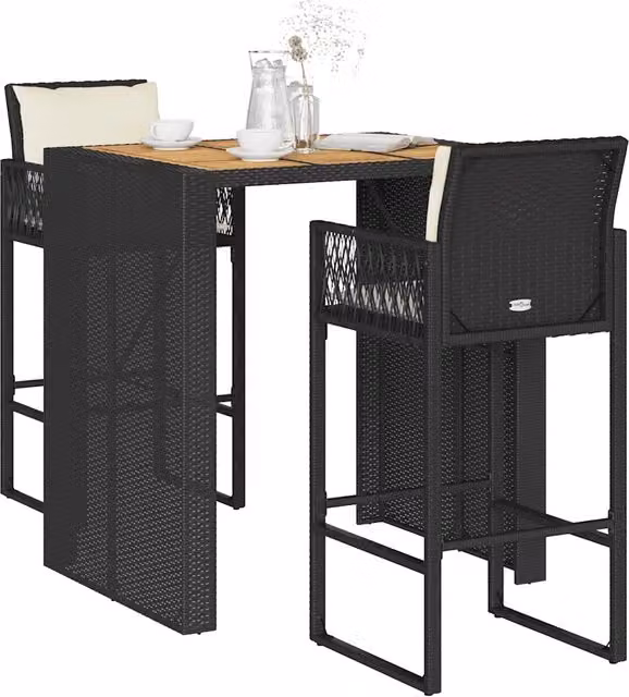 Set Bar da Giardino 3 pz con Cuscini Nero in Polyrattan Acacia 3328895