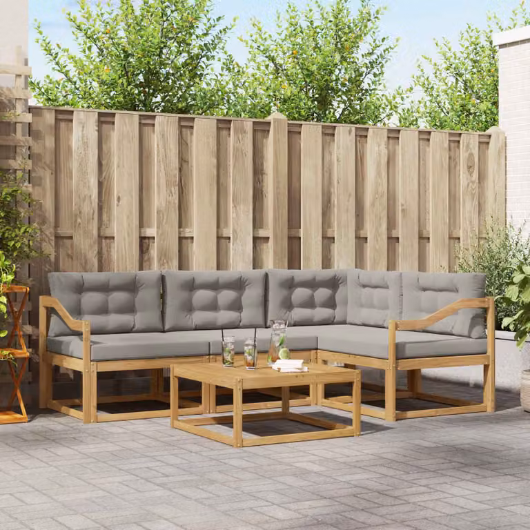 Set di divani da esterno vidaXL a forma di L con tavolo da caffè, in legno di acacia e tessuto bianco e grigio