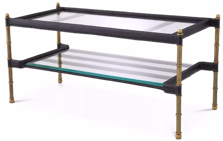 Tavolino Casa Padrino colori ottone vintage / nero 95 x 42 x h. 46 cm - Tavolo da salotto moderno con piani in vetro e vera pelle - Mobili da salotto - Mobili