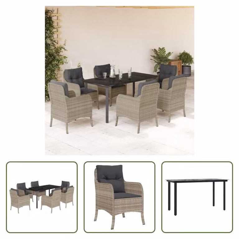 The Living Store Set da pranzo da giardino 7 pezzi con cuscini in poly rattan grigio chiaro