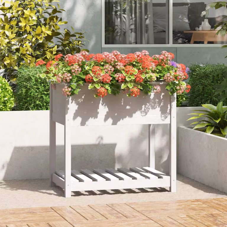 Fioriera rialzata con mensola vidaXL in legno massello di pino, colore bianco, L 82,5 cm x P 54 cm x H 81 cm