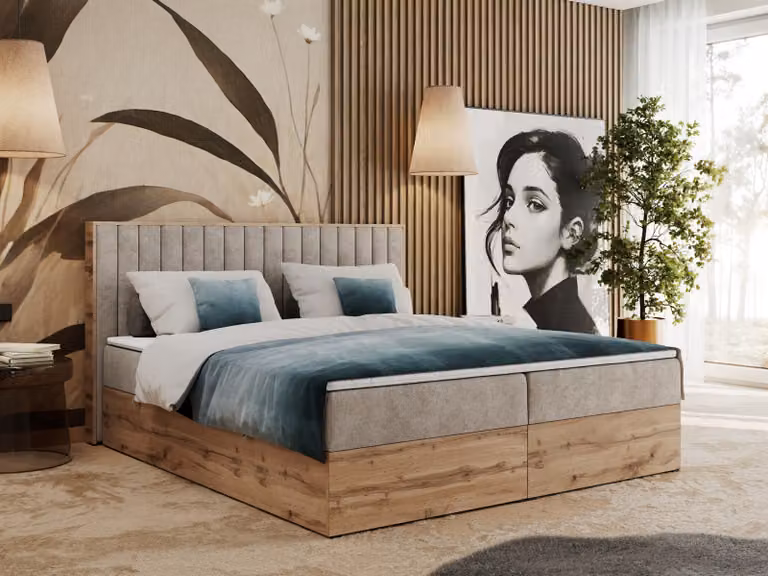 Letto boxspring, due cassetti portaoggetti, set completo con materasso e coprimaterasso - Albero-4 - 120x200 cm - Struttura beige - H3