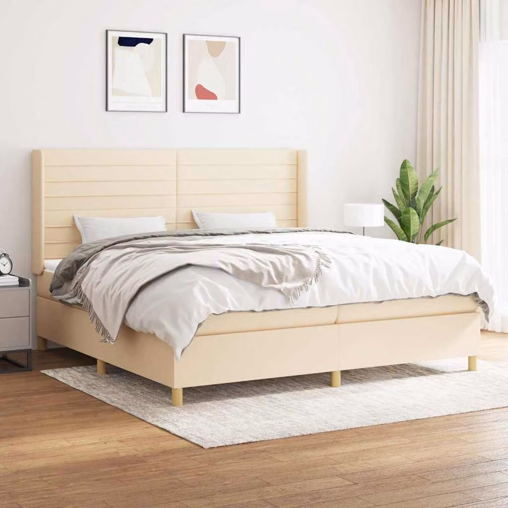 vidaXL Giroletto a Molle Ibrido con Materasso in Tessuto Beige e Bianco L/P/H: 200 x 200 x 128 cm